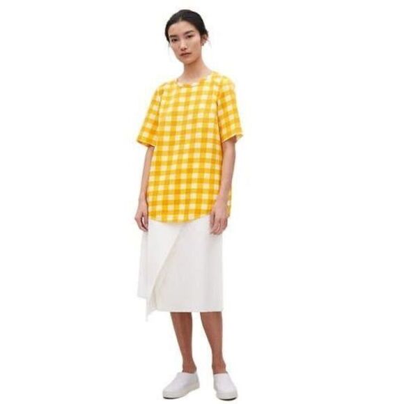 COS Womens Yellow Gingham Check Tie-Back Short Sleeve Tunic Top Size 4 - Picture 2 of 11